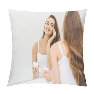 Personality  Mirror Reflection Of Beautiful Woman Applying Face Cream Pillow Covers