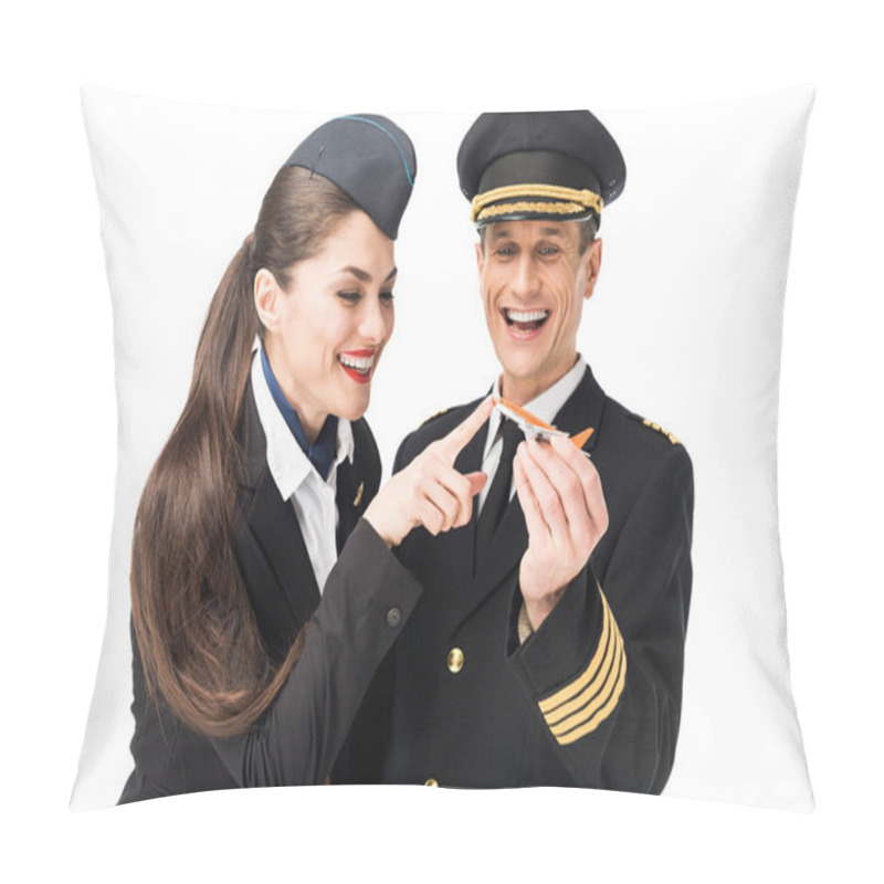 Personality  Young Stewardess And Pilot Holding Toy Plane Isolated On White Pillow Covers