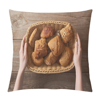 Personality  Top View Of Woman Holding Fresh Homemade Buns In Wicker Basket Above Wooden Table  Pillow Covers