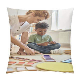 Personality  Montessori School, Happy Teacher Pointing At Wooden Colorful Blocks Near African American Boy, Smart Pillow Covers