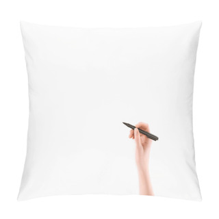 Personality  Cropped Image Of Woman Writing Something With Marker Isolated On White Pillow Covers