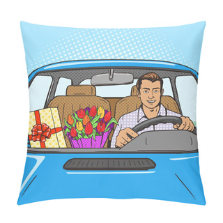 Personality  Man With Gift Flowers In Car Pop Art Style Vector Pillow Covers