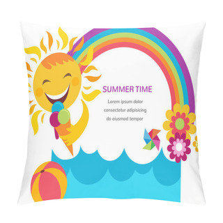 Personality  Summer Card With Happy Sun, Colorful Rainbow And Flowers Pillow Covers
