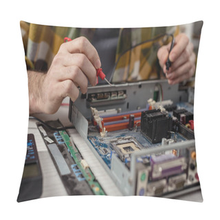 Personality  Cropped Image Of Hands With Multimeter And Broken Computer  Pillow Covers