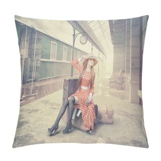 Personality  The Girl Sitting On The Suitcase Pillow Covers