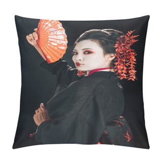 Personality  Beautiful Geisha In Black Kimono With Red Flowers In Hair Gesturing With Traditional Hand Fan Isolated On Black Pillow Covers