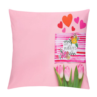 Personality  Top View Of Tulips, Greeting Card And Paper Hearts On Pink Background Pillow Covers