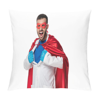 Personality  Emotional Doctor In Superhero Costume Taking Off White Coat Isolated On White  Pillow Covers