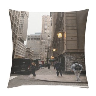 Personality  NEW YORK, USA - OCTOBER 11, 2022: People Walking Near Building With Lanterns On Facade In Manhattan  Pillow Covers