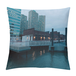 Personality  Port And Pier On Hudson River Near Modern Buildings In New York City Pillow Covers