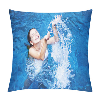 Personality  Young Beautiful Woman Splashing Water In Swimming Pool Pillow Covers