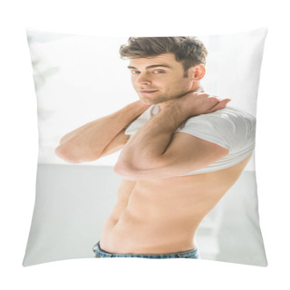 Personality  Handsome Man In Jeans Standing And Taking Off White T-shirt In Bedroom Pillow Covers