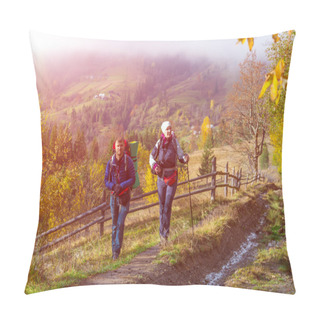 Personality  Two Hikers Walking On Rural Trail Among Autumnal Forest Pillow Covers