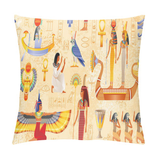 Personality  Egyptian Vector Papyrus With Pharaoh Element: Ankh, Scarab, Sun. Ancient Historical Art. Egypt Mythology Seamless Pattern. Queen Goddess Set. Isis With Wings, Hathor Nefertiti In Boat, Maat With Fan Pillow Covers