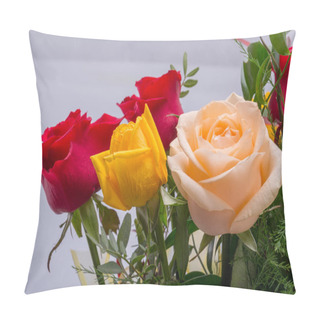Personality  Bouquet Of Assorted Multicolored Roses Isolated On White Background  Pillow Covers
