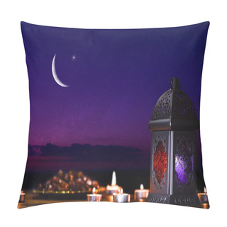 Personality  Ornamental Dark Moroccan, Arabic Lantern And Dates On On An Old Wooden Table With The Night Sky And The Crescent Moon And The Stars Behind. Greeting Card For Muslim Community Holy Month Ramadan Kareem Pillow Covers