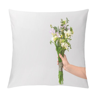 Personality  Female Hand With Beautiful Freesia Flowers On Light Background Pillow Covers