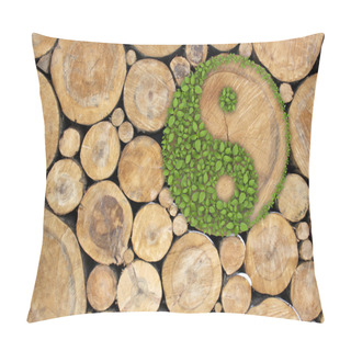 Personality  Stacked Logs Background With Ying Yang Pillow Covers