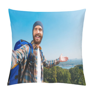 Personality  Man Carrying Backpack And Taking A Picture Pillow Covers