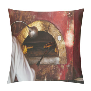 Personality  Cropped Shot Of Chef Taking Pizza From Masonry Oven At Restaurant Kitchen Pillow Covers