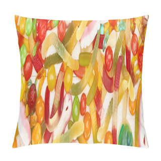 Personality  Close Up View Of Delicious Colorful Gummy Spooky Halloween Sweets, Panoramic Shot Pillow Covers