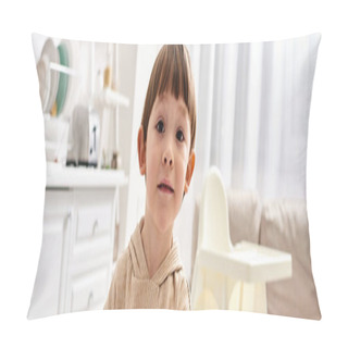 Personality  Adorable Toddler Boy In Comfy Homewear Looking At Camera During Breakfast On Kitchen, Banner Pillow Covers