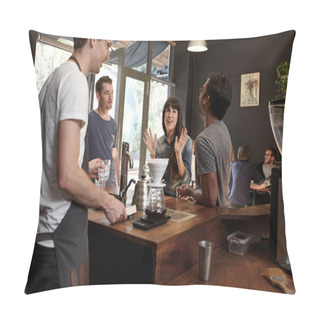Personality  Woman Talking With Colleagues And Gesturing With Hands Pillow Covers
