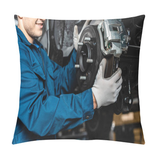 Personality  Cropped View Of Mechanic Adjusting Disc Brakes  Pillow Covers