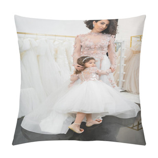 Personality  Cute Girl In Floral Attire Hugging Elegant Woman With Brunette Hair Standing In Wedding Dress Near Blurred White Gown Inside Of Luxurious Bridal Salon, Shopping, Bride-to-be, Mother And Daughter  Pillow Covers