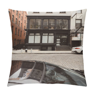 Personality  Modern Cars Parked On Roadway Near Building With Black And White Exterior In New York City Pillow Covers