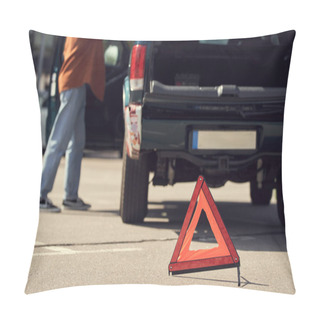 Personality  Cropped View Of Young Stylish Man Standing Next To His Car With Warning Triangle, Blurred Photo Pillow Covers