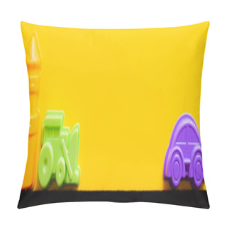 Personality  Top View Of Multicolored Plastic Vehicles And Tower On Black And Yellow Background, Banner Pillow Covers