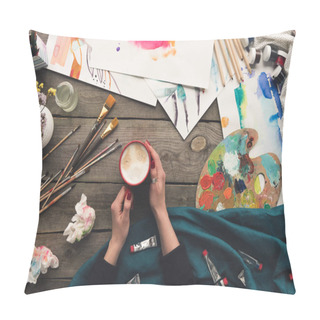 Personality  Painter Drinking Coffee At Working Place  Pillow Covers