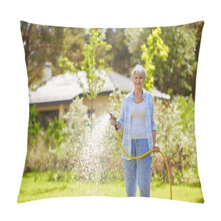 Personality  Senior Woman Watering Lawn By Hose At Garden Pillow Covers