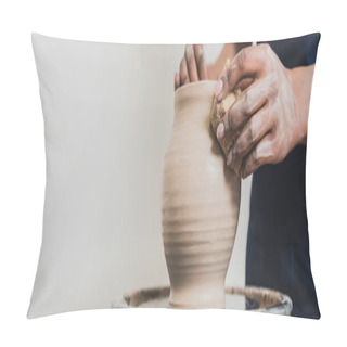 Personality  Partial View Of Young African American Woman Modeling Wet Clay Pot On Wheel With Sponge In Pottery, Banner Pillow Covers