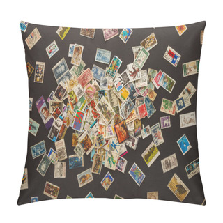 Personality  Various Old Postage Stamps Scattered On A Dark Background. Pillow Covers