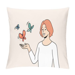 Personality  Smiling Young Woman With Butterflies Flying Near Hand. Happy Female Enjoy Wild Nature And Outdoors. Vector Illustration.  Pillow Covers