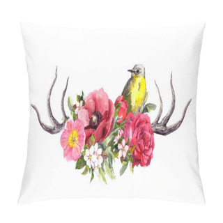 Personality  Horns Of Deer Animal With Flowers, Bird. Watercolor In Vintage Style Pillow Covers