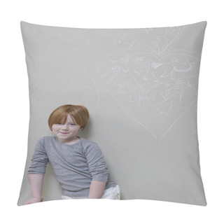 Personality 7-8 Year Old Girl Stands Below Chalk Drawing On Wall Pillow Covers