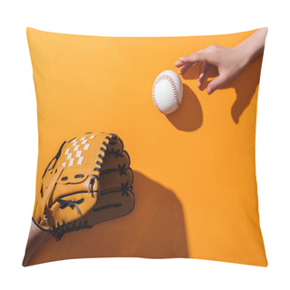 Personality  Cropped View Of Man In Brown Baseball Glove Near Softball And Woman On Yellow  Pillow Covers
