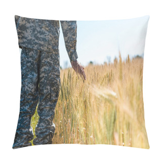 Personality  Cropped View Of Military Man Touching Wheat In Golden Field  Pillow Covers