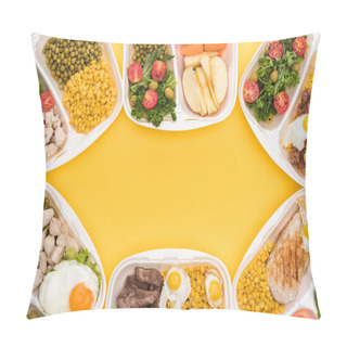 Personality  Top View Of Eco Packages With Apples, Vegetables, Meat, Fried Eggs And Salads Isolated On Yellow  Pillow Covers