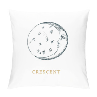 Personality  Crescent In Engraving Style. Vetctor Esoteric Sign Pillow Covers