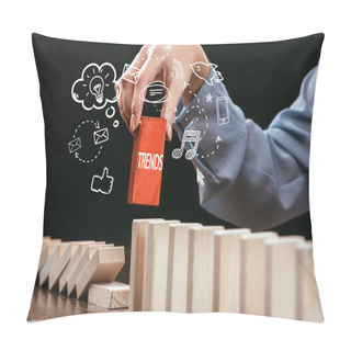 Personality  Cropped View Of Woman Picking Red Block With Word 'trends' Out Of Wooden Bricks, Icons On Foreground Pillow Covers