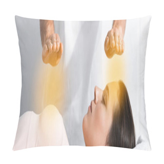 Personality  Panoramic Shot Of Healer Standing Near Woman With Closed Eyes And Holding Hands Above Her Body Pillow Covers