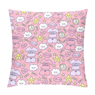 Personality  Female Background With Funny Clouds, Hearts, Stars, Candy, Alarm Clock, Sleep Mask And Pajamas. Pink Seamless Pattern For Little Princess. Female Ornament. Good Night. Pillow Covers