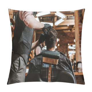 Personality  Bearded Barber Cutting Hair Of Man In Barbershop  Pillow Covers