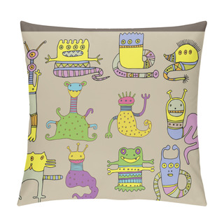 Personality  Set Of Multicolored Cartoon Monsters Against Grey Background. Vector Image Pillow Covers