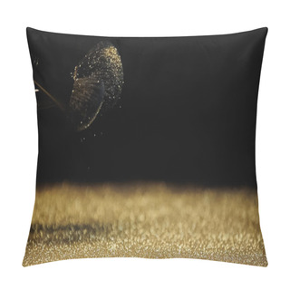Personality  Sparkling Golden Dust Near Cosmetic Brushes On Black Background Pillow Covers