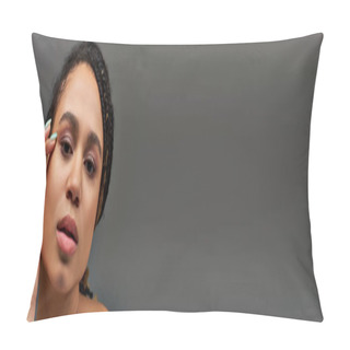 Personality  Young Attractive African American Woman In Beige Pastel Underwear Posing Seriously, Fashion, Banner Pillow Covers